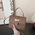 Brown monogram small square crossbody bag with gold buckle and smooth leather trim - Coffee