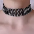 Collier ras du cou large à six rangs en maille noire avec strass clairs étincelants - Style Strass Six Rangs Noir