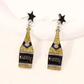 Fashionable wine bottle enamel earrings with black star studs and bubbly lettering - Lemon Yellow
