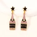 Fashion champagne bottle earrings with pink glitter stars and bubbly enamel design - Pink