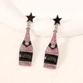 Fashionable wine bottle enamel earrings with pink glitter finish and black star studs - Rose Red