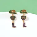 Glittery heart and cowboy boot drop earrings in green and purple enamel finish - Cowboy Hat Heart Boot Style / Purple/Green/Gold