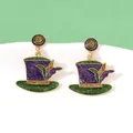 Pendientes de sombrero Mardi Gras coloridos con purpurina morada verde y dorada - Estilo Sombrero de Copa (eh231118-2476) / Mezcla Púrpura Verde Oro