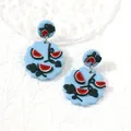 Light blue geometric watermelon earrings in polymer clay with handmade floral leaf details - Watermelon Pattern (Light Blue)