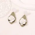 Handmade flower earrings with white petals and olive green teardrop polymer clay charms - Olive Green and White 3D Floral (eh231128-2514)