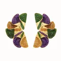 Boucles d'oreilles éventail scintillantes Mardi Gras avec dorure et design de fleurs - Forme d'Éventail Abstrait / Violet/Vert/Or Ambré