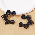 Retro geometric hollowed-out black wooden earrings with vintage floral pattern - Black