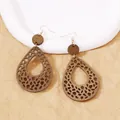 Bohemian walnut brown hollow wood teardrop earrings with intricate geometric cutout pattern - Walnut