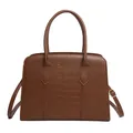 Brown crocodile-embossed tote bag with gold lettering and adjustable shoulder strap - Brown