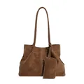 Brown vintage suede tote bag with contrast stitching and matching small pouch - Brown