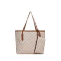 Chic beige jacquard tote bag with M-pattern and brown leather handles, two-piece set - Khaki Brown