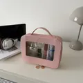 Beauty case rosa da viaggio con finestra in PVC e doppia zip dorata elegante - Rosa