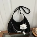 Minimalist black hobo crossbody bag with pearl chain and cloud plush charm detail - With Pendant / Black