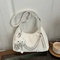 Creamy white crescent shoulder bag with silver chain, pearl beads and cloud charm - With Pendant / White