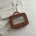 Trousse de maquillage marron avec fenêtre transparente et texture cuir pour voyage - Marron