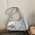 Light blue crescent shoulder bag with pearl chain and tassel zippers for women - With Pendant / Blue
