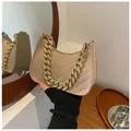Minimalist beige felt baguette bag with V-quilted stitching and gold chain strap - Khaki