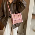 Pink faux suede crossbody bag with plush trim and metallic buckles worn by a model - Pink