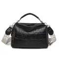 Vintage black crocodile embossed hobo bag with trendy patterned wide shoulder strap - 24*17*11 / Black