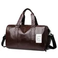 Dark brown shiny PU leather travel bag with detachable strap for fitness and travel - 16" / Brown