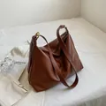 Large capacity dark brown tote bag with premium lychee grain leather and metal rings - Best Seller / 36x14x27cm / Brown