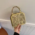 Vintage bronze square box bag with metal handle and elegant gold chain strap - Gold