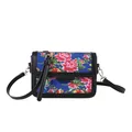 Sac bandoulière bleu de style ethnique avec motif de pivoines et détails dorés chics - Bleu