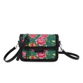 Petit sac carré vert vintage aux motifs de pivoines rouges et bandoulière noire - Vert