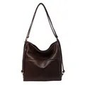 Bolso tote grande de cuero PU marrón oscuro retro con bolsillo frontal para mujer - café