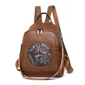 Zaino vintage in pelle PU marrone con motivo etnico a elefante e scomparti multifunzione - Marrone