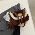 Retro red and green plaid shoulder bag with white faux fur trim and gold hardware details - Coffee