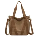 Grande borsa tote in tela marrone scuro con tracolla regolabile e tasche laterali - Cachi