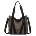 Borsa tote grande in tela marrone con tracolla nera e manico superiore - Grigio