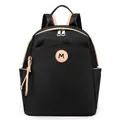 Black casual nylon backpack with beige leather trim and M logo patch for travel - Black