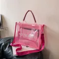 Pink transparent mesh tote bag with detachable shoulder strap and inner pouch - Rose Red