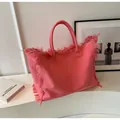 Rosafarbene Canvas-Einkaufstasche mit Fransen-Design und großem Fassungsvermögen - Rosa