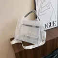 White mesh tote bag with crossbody strap and interior pouch for summer - White