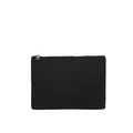 Détail de pochette en toile noire avec fermeture éclair dorée et texture tissée mate - Noir