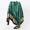Elegant emerald green 90cm satin square scarf featuring vintage floral and leopard print - 90x90cm / Dark Green (D9331)