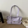 Minimalist lilac purple PU leather tote bag with stylish belt buckle detail for women - Purple