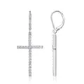 Macro view of S925 sterling silver cross earrings featuring micro-pave moissanite stones - Leverback Cross Dangle Style (E15380) / Silver