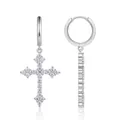 Detailed view of S925 silver hoop earrings with shimmering moissanite cross pendants - Hoop Cross Dangle Style (E15379) / Silver