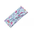 Light blue elastic sports headband with pink bow prints and a stylish twist knot design - Green