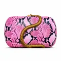 Detail view of pink and black snake print hard shell evening clutch with gold snake clasp - Bright Pink