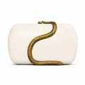 Close-up of golden snake-shaped metal clasp and scale texture on off-white clutch bag - Milky White