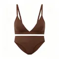Conjunto de sujetador sin aros y braga de talle alto en color marrón chocolate suave - XS / Marrón