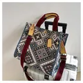 Ethnic style jacquard tote bag with red handles and colorful geometric patterns - Blue Large