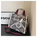 Large ethnic woven tote bag with burgundy handles and geometric patterns - White Large