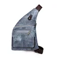 Vintage canvas crossbody chest bag with multiple zipper pockets and leather trim - Blue