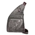 Gray textured canvas men's chest bag with dark brown leather accents and multi-zipper pockets - Black